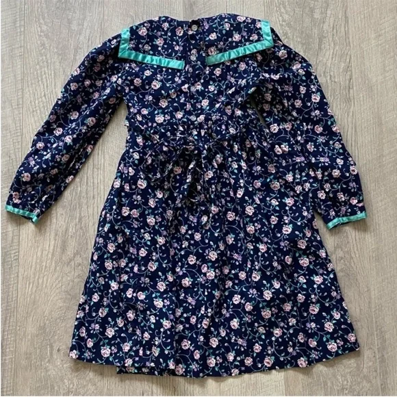 Vintage Polly Flinders Navy Blue Floral Hand Smocked Dress Sz 6 - Picture 10 of 13